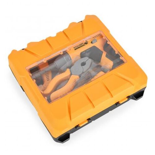 Sárga játék szerszámkészlet hordtáskában, Power Tools márka, gyerekeknek