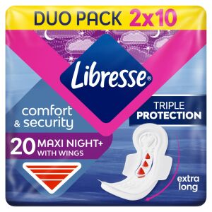 Libresse Maxi Night+ Comfort & Security vložky s krídlami, 20 kusov, duo balenie, trojitá ochrana, extra dlhé, pre silný tok - Libresse