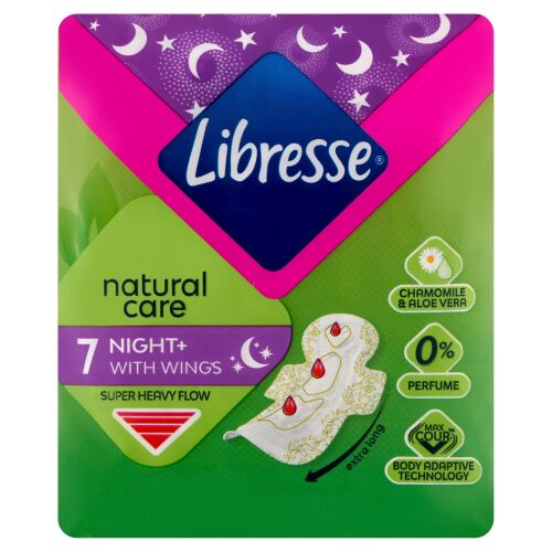 Libresse Natural Care Night+ mit Flügeln Damenbinden, 7 Stück, extra lang, super starker Blutfluss, 0% Parfüm, Kamille und Aloe Vera