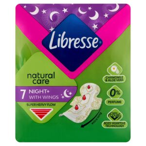 Absorbanți Libresse Natural Care Night+ cu aripi, 7 bucăți, extra lungi, flux super abundent, 0% parfum, mușețel și aloe vera - Absorbante
