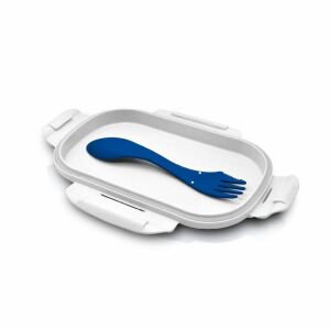 Real Madrid Lunchbox mit Besteck, weiße Lunchbox mit blauem Besteck, 3 in 1 Lunchbox, Kinder Lunchbox, Schul Lunchbox - Lebensmittel- und Getränkebehälter für Kinder