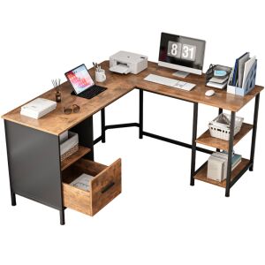 Rustikaler brauner Eck-Computertisch mit Regalen und Schublade, Industriestil - Computertische