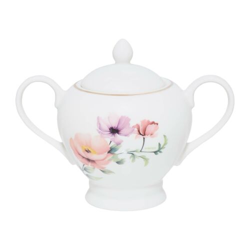 Ambition Flores cukortartó fedővel, elegáns porcelán cukortartó virágmintával és arany szegéllyel.