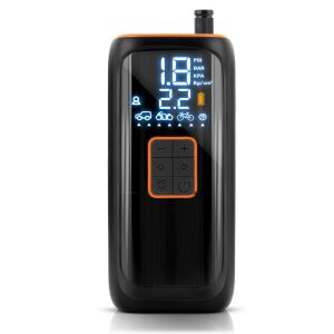 Humberg HM-250 Wireless Electric Compressor, black with orange accents, digital display showing pressure in PSI, BAR, KPA, and KG/cm2 - Electric Pump