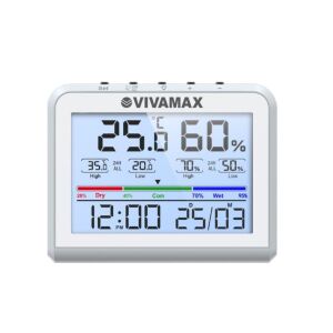 Vivamax digitális páratartalom- és hőmérő, fehér, mutatja a hőmérsékletet, páratartalmat, dátumot és időt, komfortfokozat jelző - Háztartási kellék