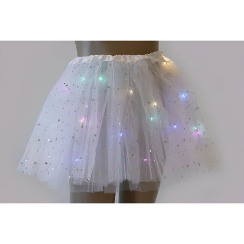 LED szoknya gyerekeknek, KipHome, Balett Tutu lányoknak beépített többszínű lámpákkal, csillagmintával, 30 cm hosszú, fehér