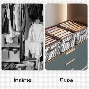 Înainte și după utilizarea cutiilor de depozitare KipHome cu capace transparente și model în carouri pentru organizarea hainelor într-un dulap - Depozitare și organizare