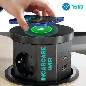 ATOMKIT® One Z Priză pop-up 5 în 1 cu încărcare wireless, Negru - Conectori și mufe