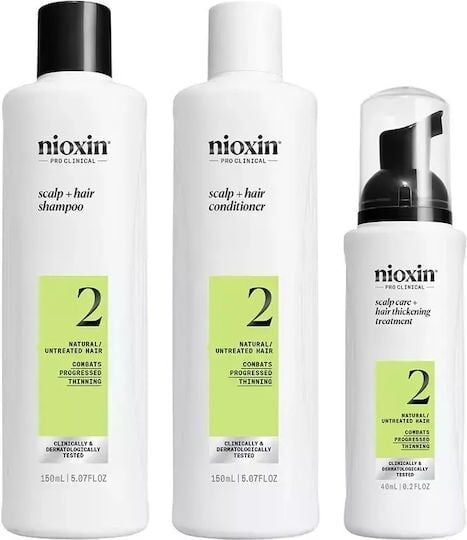 Set profesional impotriva ruperii Nioxin System 2 pentru par natural afectat de subtiere avansata: Sampon, 150 ml + Balsam, 150 ml + Tratament, 40 ml