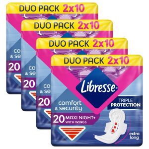 Libresse Maxi Night+ Comfort & Security podpaski na noc, 4 opakowania po 20 sztuk, do użytku na noc - Uroda i zdrowie
