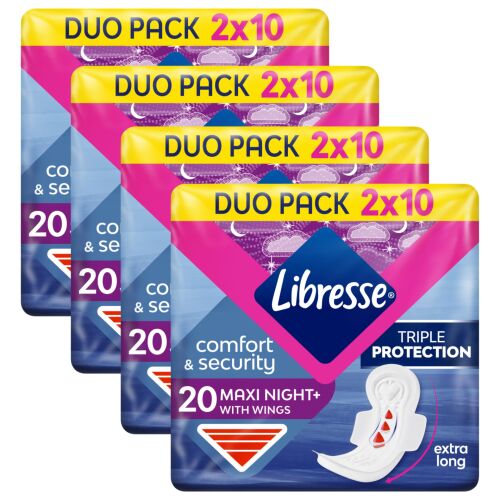 Libresse Maxi Night+ Comfort & Security éjszakai egészségügyi betétek, 4 csomag 20 darabos, éjszakai használatra