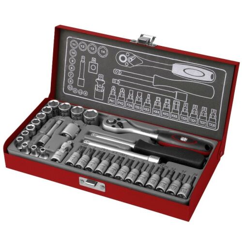 Extol 31 darabos dugókulcs készlet 1/4 hüvelykes meghajtással, tartalmazza a villáskulcsot, a hosszabbító rudat, a biteket és a dugókulcsokat