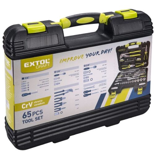 Extol Craft 65 darabos szerszámkészlet, 1/4" és 3/8" meghajtóval, króm-vanádium, tartalmazza a dugókulcsokat, villáskulcsokat, csavarhúzókat, fogókat és még sok mást