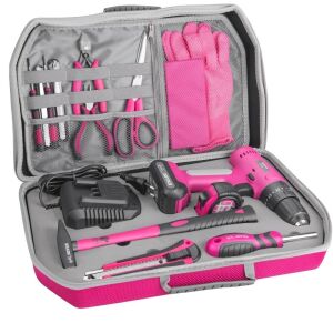 Masina de gaurit si insurubat Extol, cu baterie si incarcator 12V Li-ion, 2000mAh, 30 Nm, 2 trepte de viteza, cu lanterna LED, plus 24 accesorii, ciocan, burghiu, cleste, roz