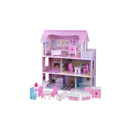 Rózsaszín és lila fa babaház bútorokkal és LED világítással, 3 szintes, 5 szoba, tökéletes Barbie és Anlily babáknak - Babaház
