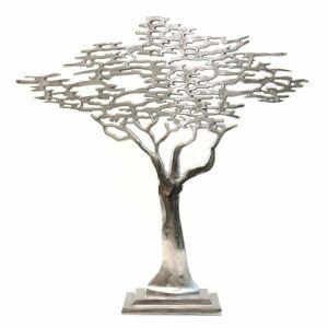 Метална скулптура на дърво, висока 60 см, сребърен цвят, на бял фон - Декорация на дома