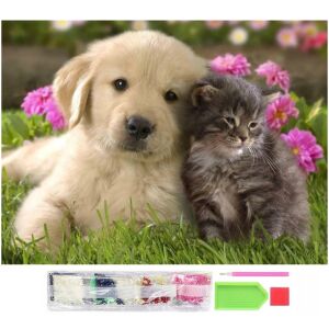 5D gyémánt mozaik hímzőkészlet, Macska és kutya modell, 30x40 cm, tartozékokkal, többszínű