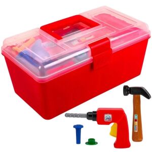 Červená plastová debna s nástrojmi pre deti, 26 dielov, vrátane kladiva, skrutkovača, vŕtačky a iných nástrojov, ideálna pre deti, ktoré milujú hranie sa na stavbárov - Remeselné práce