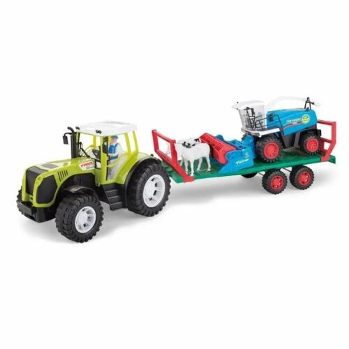 Zöld traktor pótkocsival, kombájnnal és két farmállattal, játékkészlet gyerekeknek