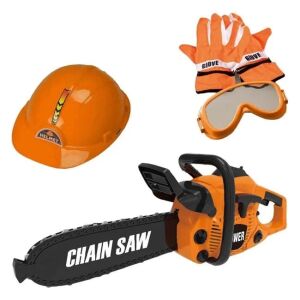 Oranžová a čierna hračka reťazová píla s prilbou, rukavicami a ochrannými okuliarmi, hranie rolí, hračka pre deti, stavebný robotník - Remeselné práce