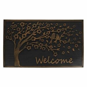 Covor de cauciuc negru cu un design de copac bronz, păsări, flori și inscripția "WELCOME" - Design interior