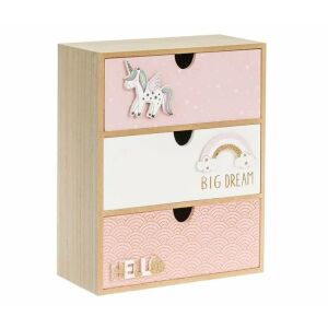 Ružová a biela drevená šuflíková skrinka s dizajnom jednorožca a dúhy, 3 zásuvky, ideálna na organizovanie šperkov, doplnkov alebo malých hračiek - Dom&záhrada