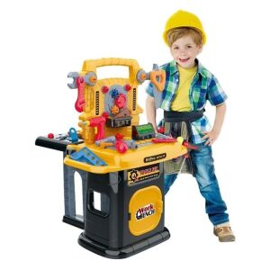 Dieťa sa hrá s žltou a čiernou hračkou na pracovný stôl s nástrojmi, 102-dielna sada, so zvukmi a svetlami, značka Work Bench - Remeselné práce