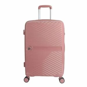 Vedere din față a valizei <product_name>Trolley bőrönd, rózsaszín, enyhítő csíkokkal, 33L</product_name>, prezentând culoarea roz și dungile în relief. - Valize