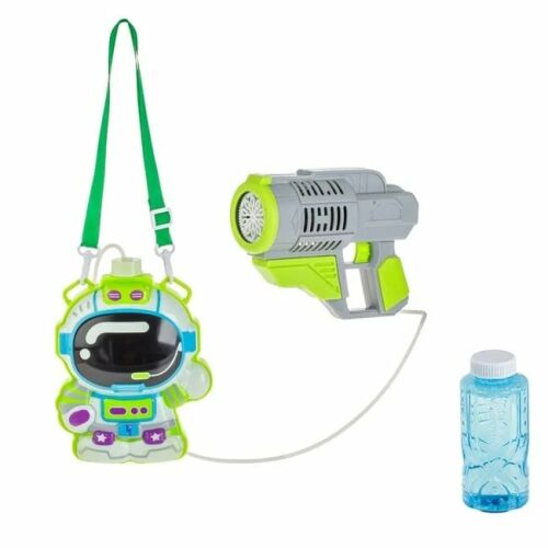 Űrhajós szappanlufi pisztoly 10 csővel, zöld-szürke színben, hátizsákkal és szappanoldattal