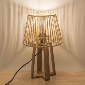 Rustykalna drewniana lampa stołowa z abażurem z naturalnego sznurka, 22x37 cm, brązowa - Lampy i oświetlenie