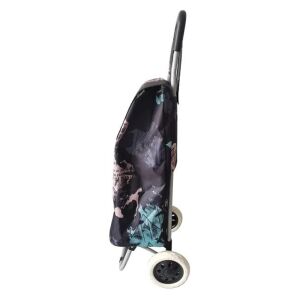 Oldalnézet egy fekete-kék összecsukható bevásárlókocsiról kerekekkel, 34x28x96cm - Bevásárlókocsi