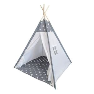 Szürke-fehér teepee játszósátor gyerekeknek, 120x120x150cm, csillagos mintával - Indián sátor