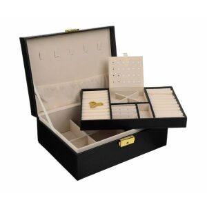 Čierna šperkovnica s dvoma úrovňami, priehradkami na prstene, náušnice, náhrdelníky, náramky a hodinky, 23x17x9cm - Šperkovnice