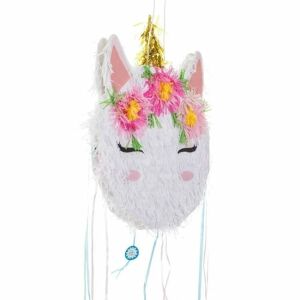Piñata w kształcie głowy jednorożca, biała z różowymi kwiatami i złotym rogiem, 35.5x8.5x50cm - Dekoracja na imprezę
