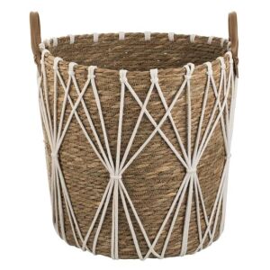 Fonott kosár, zsinórral és fogantyúval, átmérő 36x35cm, bézs színű