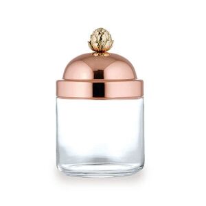 Fedős tárolóedény, Ruffoni, 0,75 liter, Ø 9 cm, légmentesen záródó réz fedél, üveg anyagú, kézzel faragott bronz fogantyú, nem romlandó élelmiszerek tárolására alkalmas, átlátszó