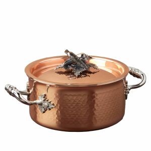 Ruffoni réz edény fedővel, Opus Cupra kollekció, 1,5 literes, kézzel készített Olaszországban, tapadásmentes rozsdamentes acél belsővel, kézzel faragott bronz fogantyúval, gáz- és elektromos