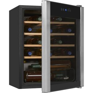 Винен хладилник Exquisit, черен със сребърни акценти, изглед с отворена врата - Severin