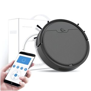 Inteligentný robotický vysávač BLEKSY® OB8s s ovládaním pomocou aplikácie, zobrazujúci produkt a smartfón s rozhraním aplikácie - Robotické vysávače