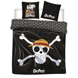Setă de lenjerie de pat One Piece cu husă de plapumă dublă cu designul craniului și oaselor încrucișate ale lui Luffy, pe un fundal negru cu text alb și o pălărie roșie și galbenă - Design interior
