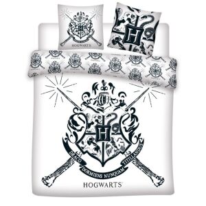 Setă de pat dublă Harry Potter Hogwarts, albă, cu două fețe de pernă - Design interior