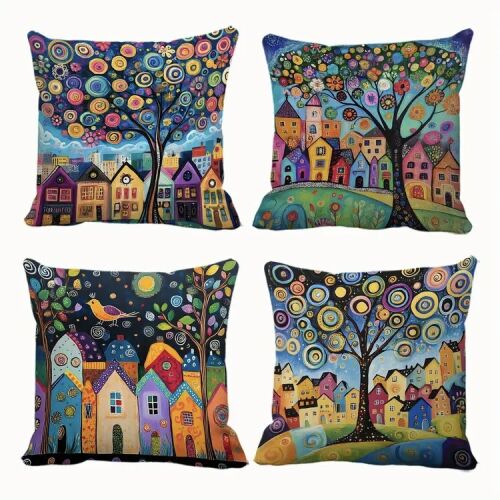 Bájos, színes, meseszerű városka, mesevilág 4 db-os díszpárnahuzat készlet, párnahuzat szett, 45x45 cm #154