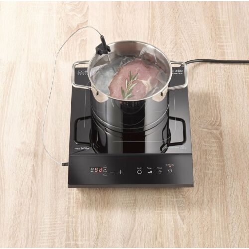 Płyta indukcyjna CASO TC 2400 ThermoControl z termometrem, gotowanie sous vide, obsmażanie mięsa i ryb, regulacja temperatury, garnek ze stali nierdzewnej, gałązka rozmarynu