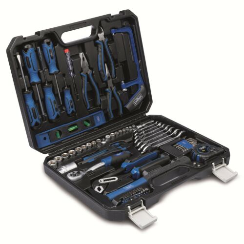 Scheppach WZK 120 97-piece tool set in case, including wrenches, screwdrivers, pliers, hammer, and more.