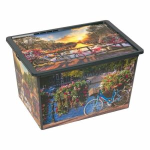 Czarne plastikowe pudełko do przechowywania z pokrywką, pojemność 50L, z wzorem kwiatowym i rowerowym - Pudełko i kosz do przechowywania