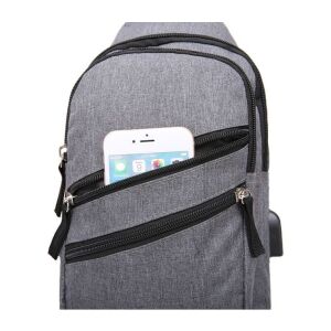 Férfi hátizsák USB- és fejhallgató-csatlakozóval, 18x8x32cm, szürke