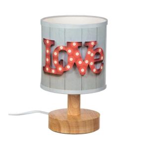 Szara lampa stołowa z drewnianą podstawą i abażurem 'Love', 220-240V, 12,5×21 cm - Lampy i oświetlenie