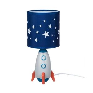 Niebieska i biała rakietowa lampka nocna z abażurem w gwiazdki, idealna do pokoju dziecięcego - Lampa dla dzieci