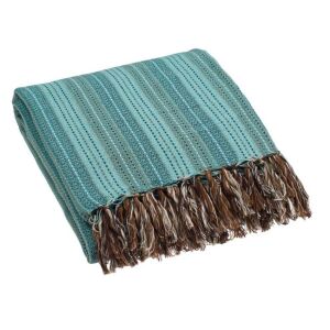 Türkiz és barna csíkos pléd rojttal, 280x175 cm - Ágytakaró