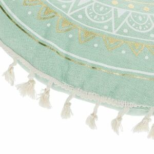 Zöld és arany mandala mintás kerek padlópárna rojtokkal - Díszpárna